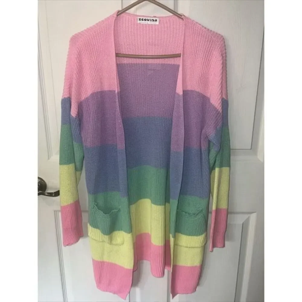 EcoWish Striped Oversized Knit Open Front Longline‎ Cardigan Sweater Size Large